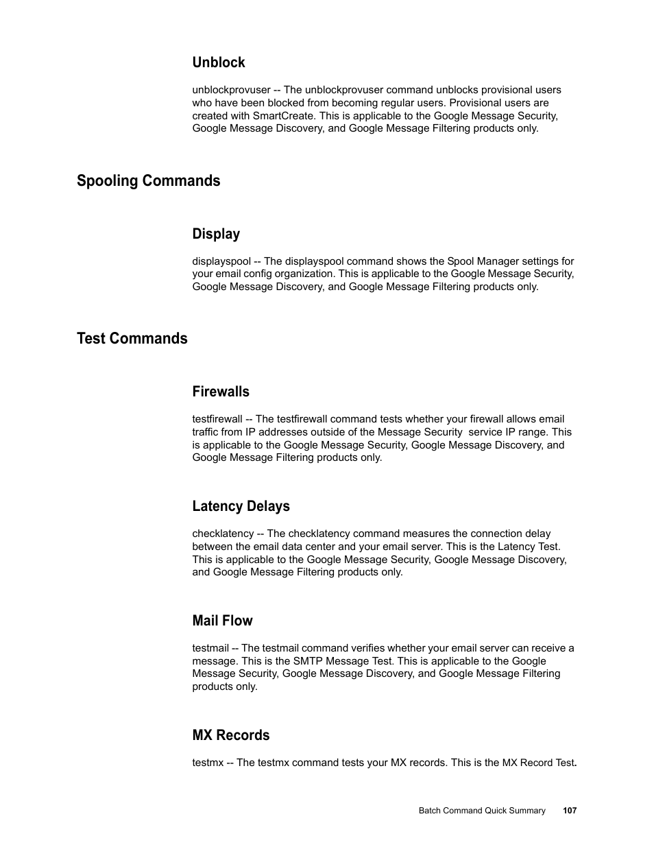 Unblock, Spooling commands, Display | Test commands, Firewalls, Latency delays, Mail flow, Mx records, Spooling commands test commands | Google Message Security Batch Reference Guide User Manual | Page 105 / 561