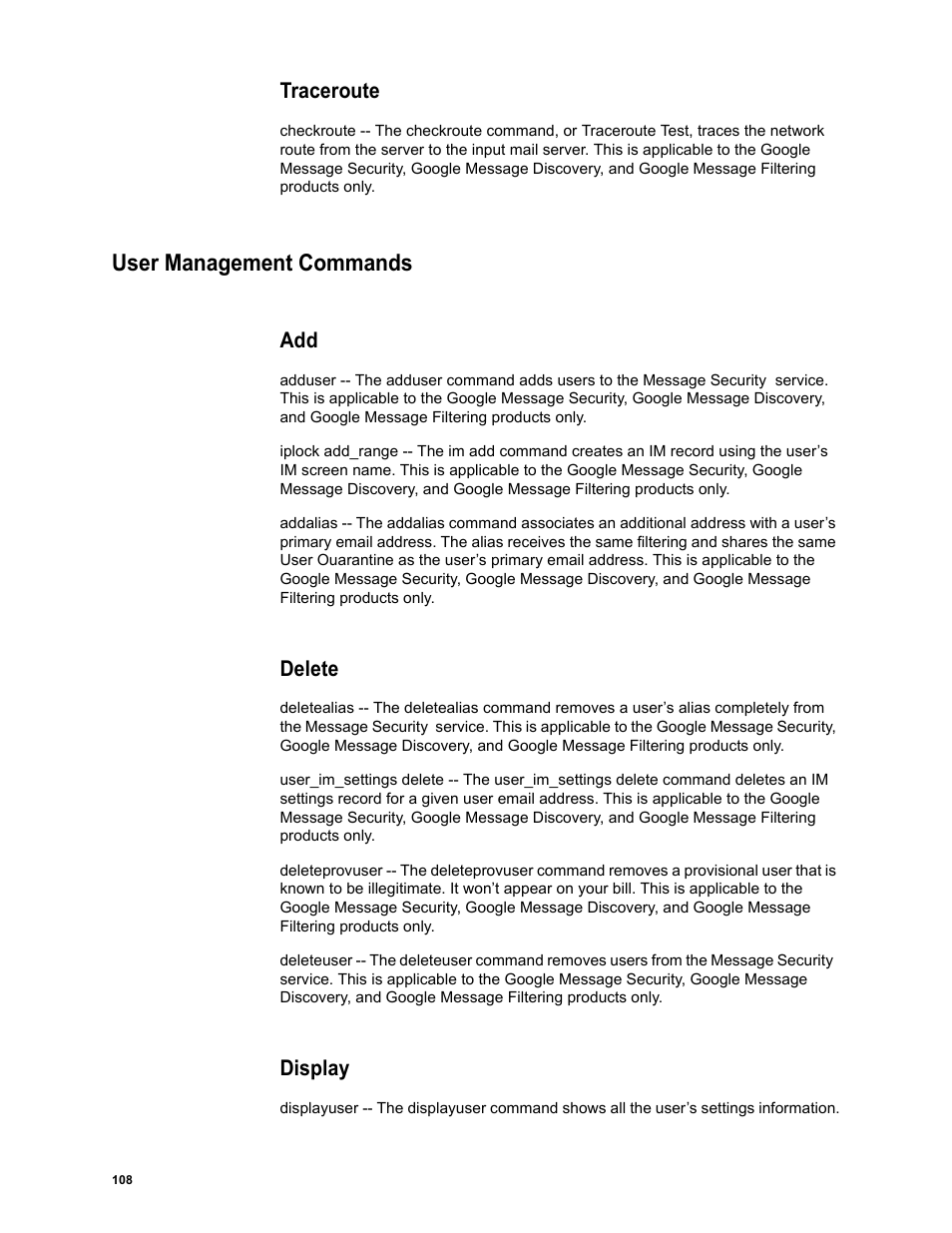 Traceroute, User management commands, Delete | Display | Google Message Security Batch Reference Guide User Manual | Page 106 / 561