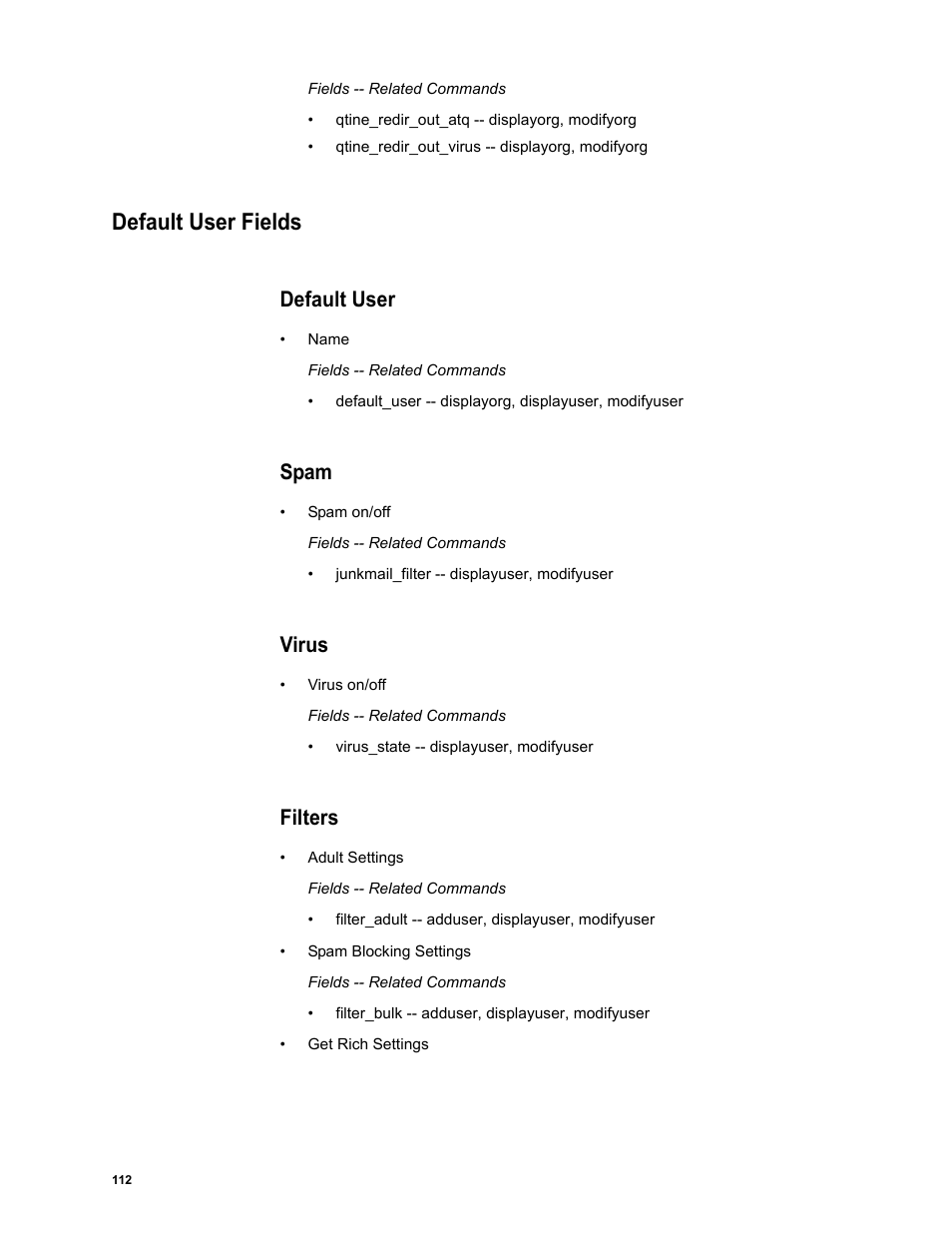 Default user fields, Default user, Spam | Virus, Filters | Google Message Security Batch Reference Guide User Manual | Page 109 / 561