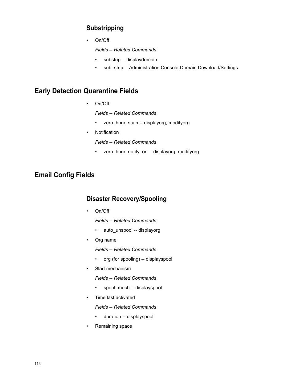 Substripping, Early detection quarantine fields, Email config fields | Disaster recovery/spooling | Google Message Security Batch Reference Guide User Manual | Page 111 / 561