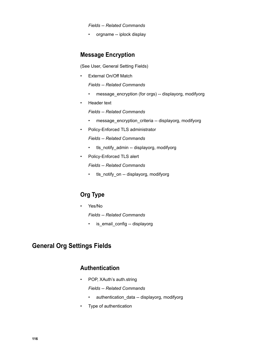 Message encryption, Org type, General org settings fields | Authentication | Google Message Security Batch Reference Guide User Manual | Page 113 / 561