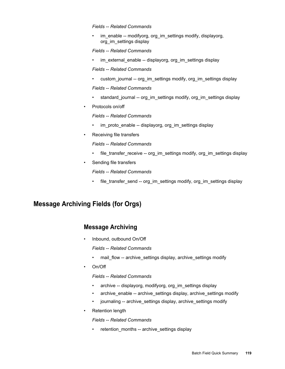 Message archiving fields (for orgs), Message archiving | Google Message Security Batch Reference Guide User Manual | Page 116 / 561