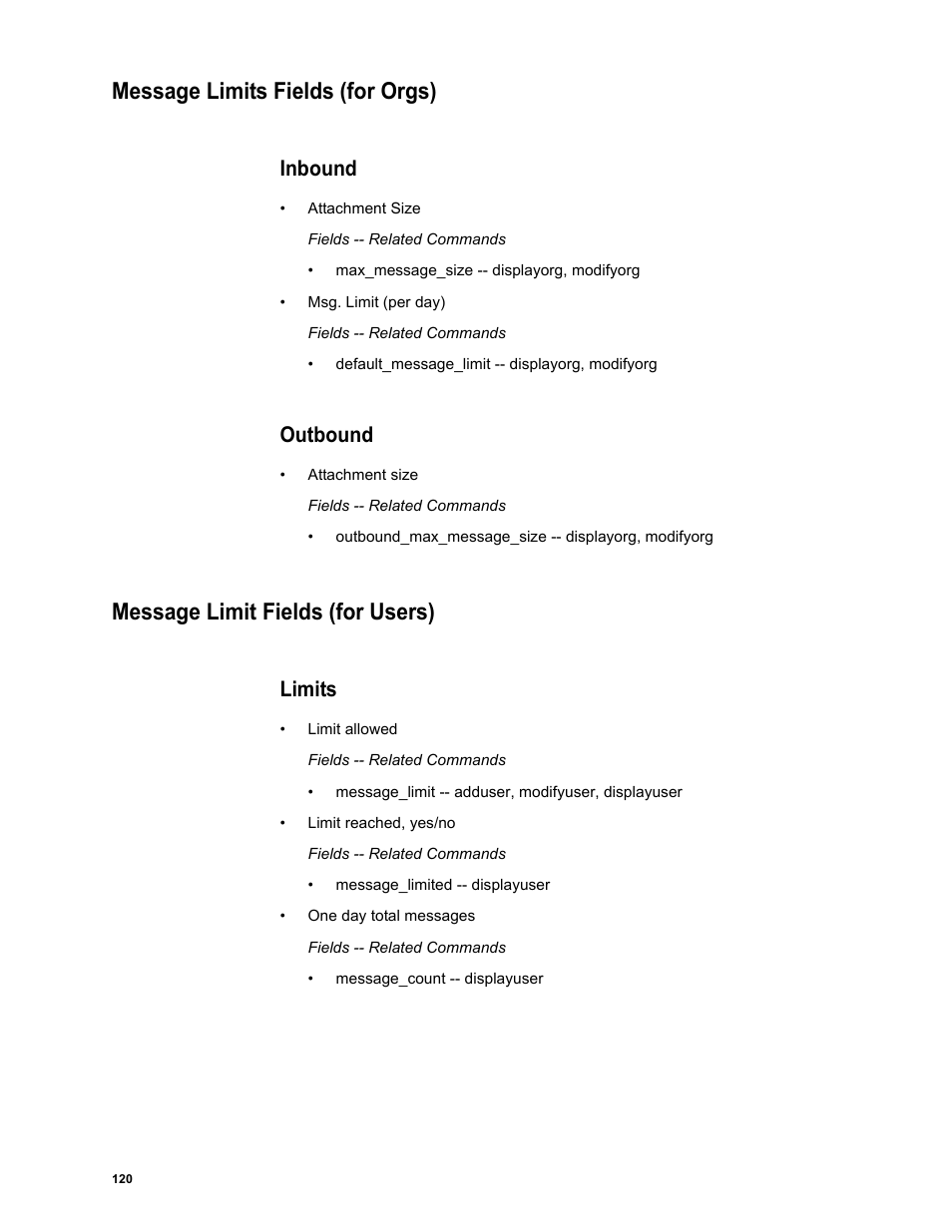 Message limits fields (for orgs), Inbound, Outbound | Message limit fields (for users), Limits | Google Message Security Batch Reference Guide User Manual | Page 117 / 561