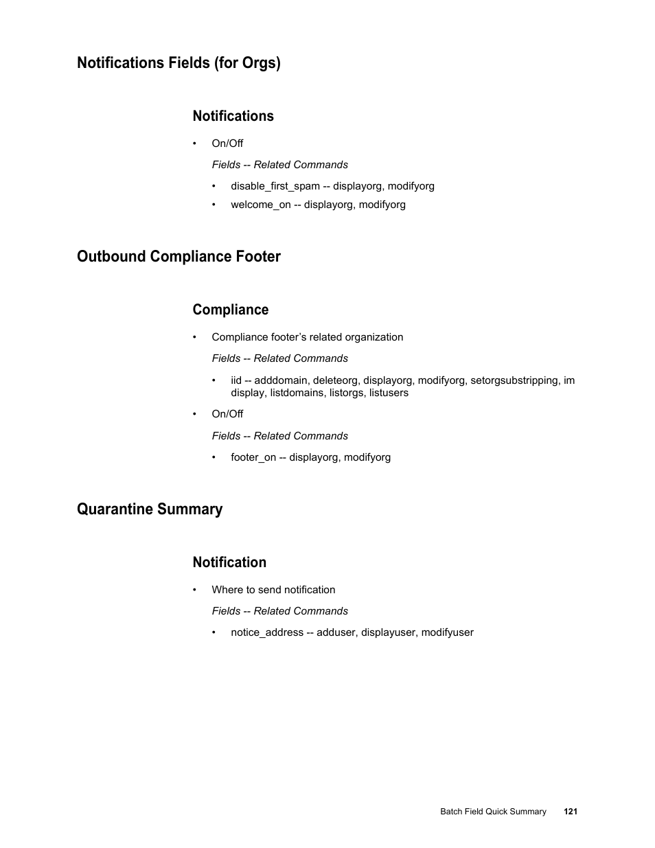 Notifications fields (for orgs), Notifications, Outbound compliance footer | Compliance, Quarantine summary, Notification | Google Message Security Batch Reference Guide User Manual | Page 118 / 561