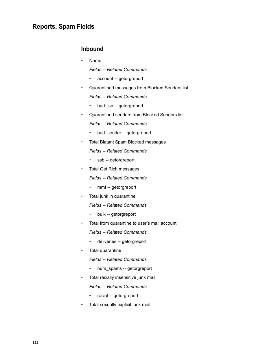 Reports, spam fields, Inbound | Google Message Security Batch Reference Guide User Manual | Page 119 / 561