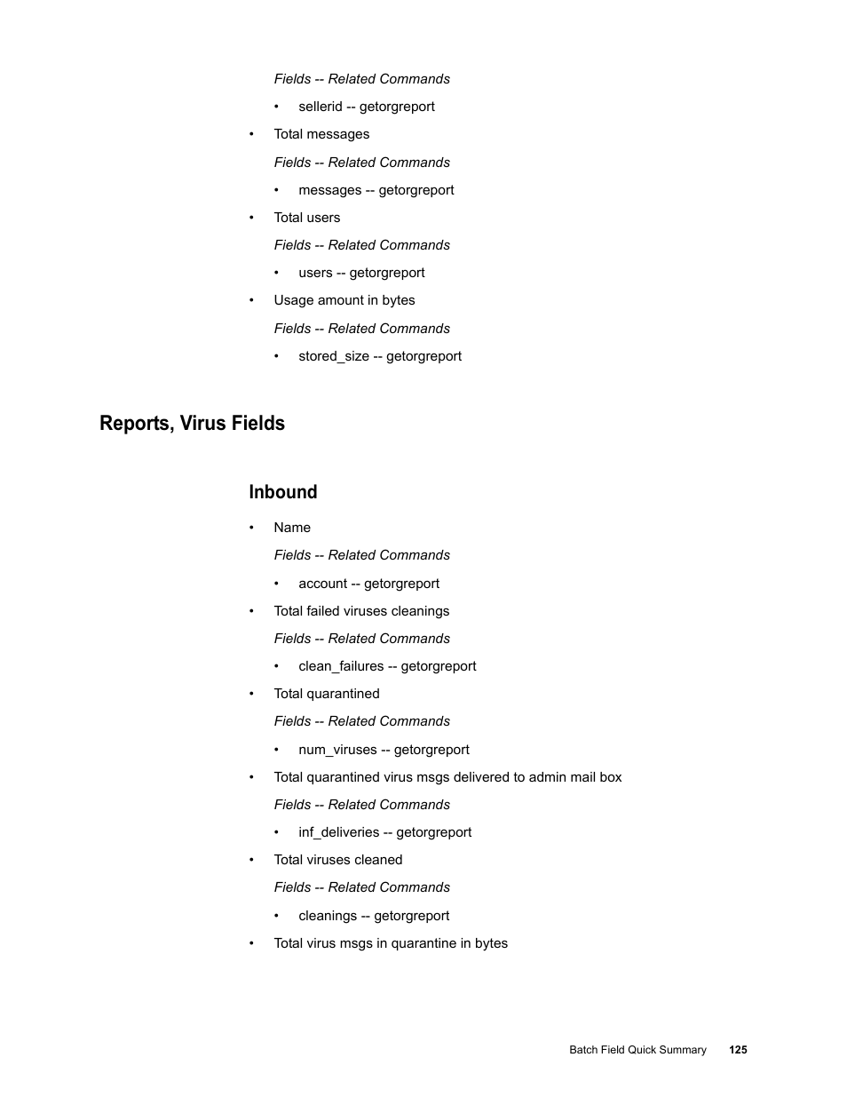 Reports, virus fields, Inbound | Google Message Security Batch Reference Guide User Manual | Page 122 / 561