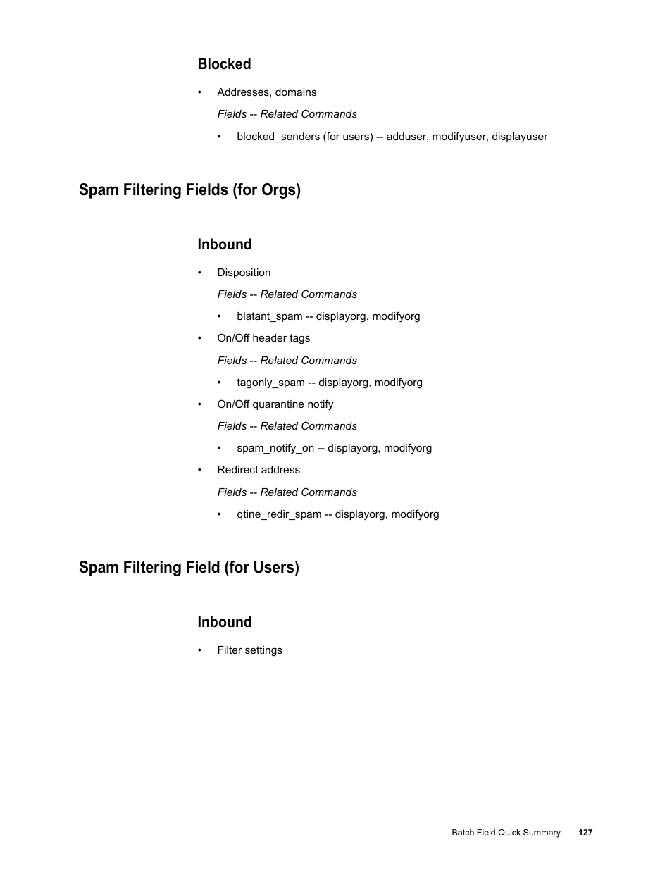 Blocked, Spam filtering fields (for orgs), Inbound | Spam filtering field (for users) | Google Message Security Batch Reference Guide User Manual | Page 124 / 561