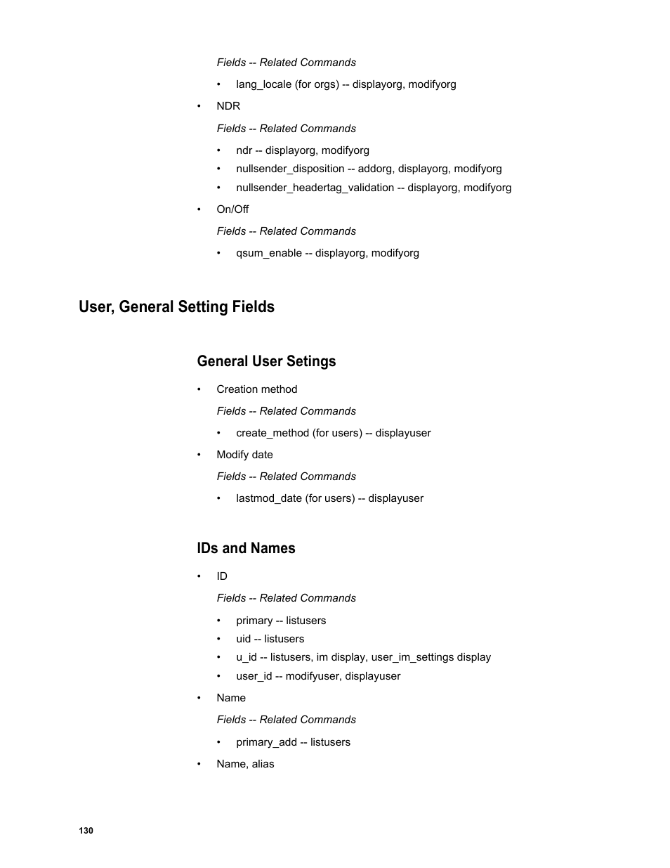 User, general setting fields, General user setings, Ids and names | Google Message Security Batch Reference Guide User Manual | Page 127 / 561