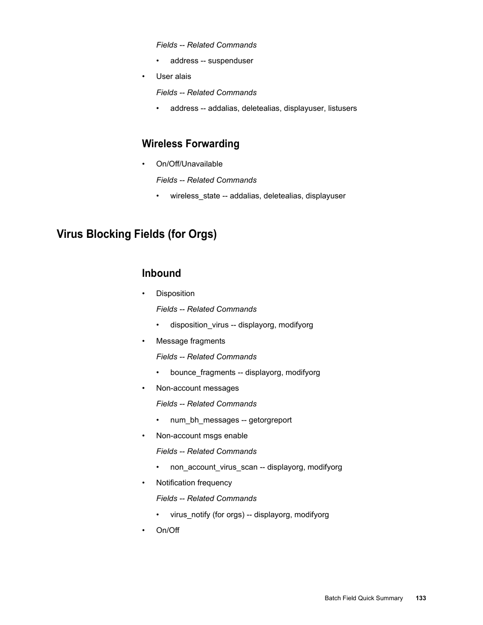 Wireless forwarding, Virus blocking fields (for orgs), Inbound | Google Message Security Batch Reference Guide User Manual | Page 130 / 561