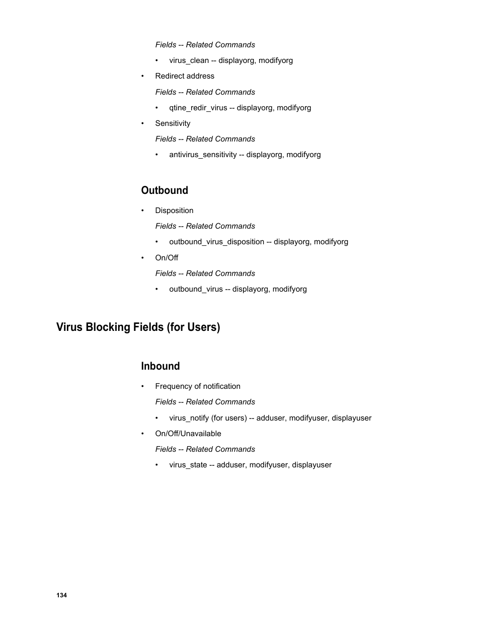 Outbound, Virus blocking fields (for users), Inbound | Google Message Security Batch Reference Guide User Manual | Page 131 / 561