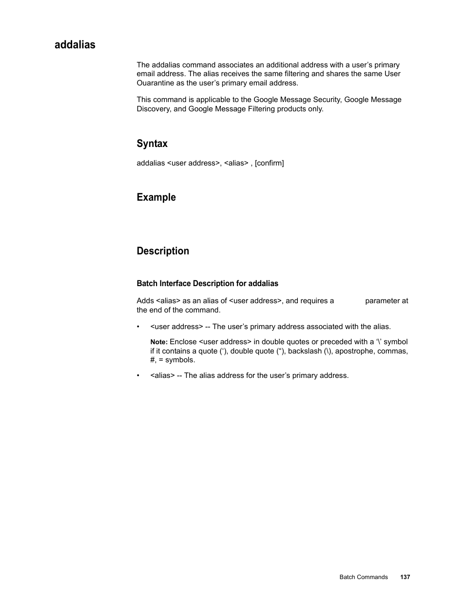 Addalias, Syntax, Example | Description | Google Message Security Batch Reference Guide User Manual | Page 134 / 561