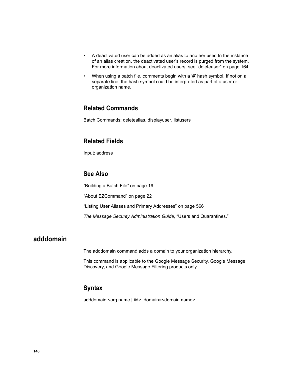Related commands, Related fields, See also | Adddomain, Syntax | Google Message Security Batch Reference Guide User Manual | Page 137 / 561