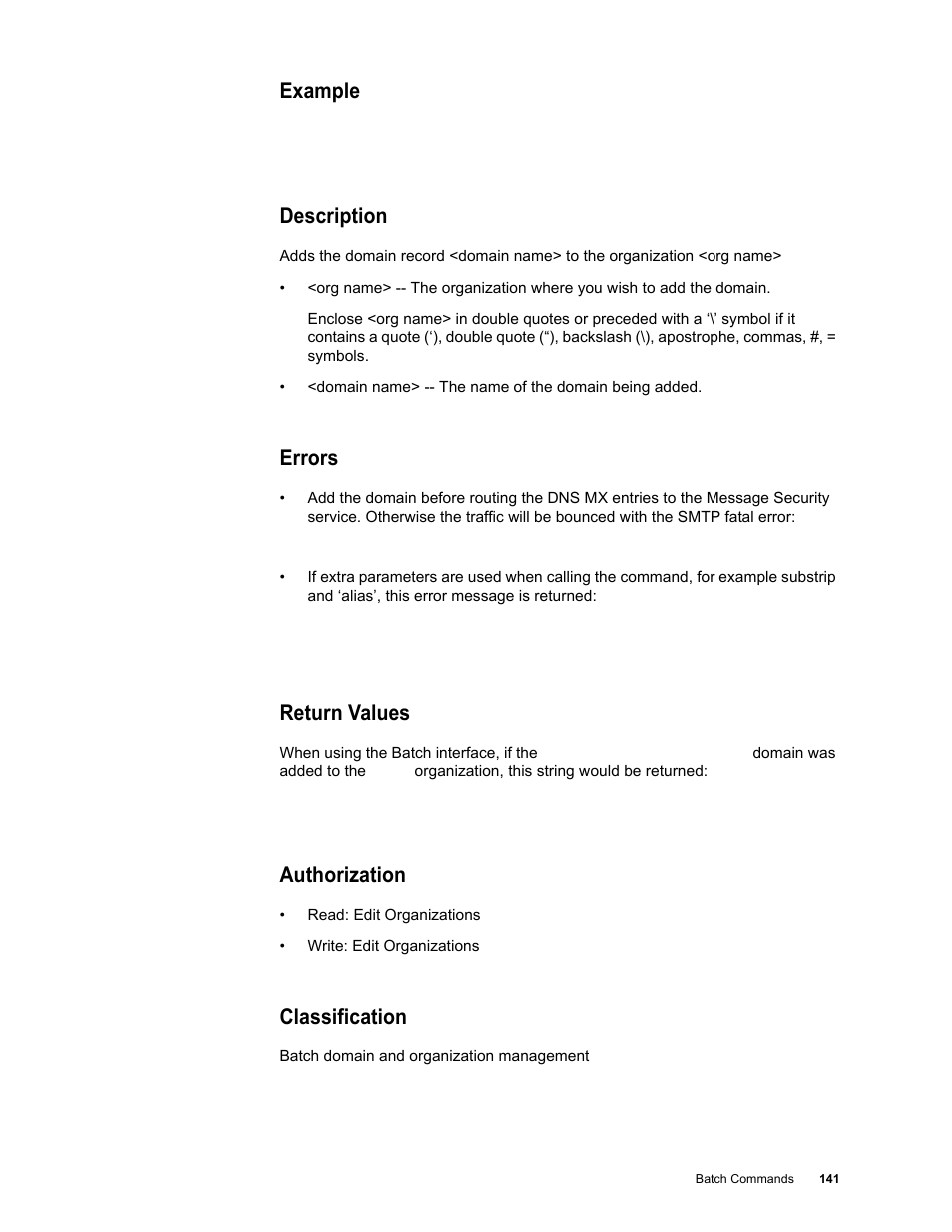 Example, Description, Errors | Return values, Authorization, Classification | Google Message Security Batch Reference Guide User Manual | Page 138 / 561