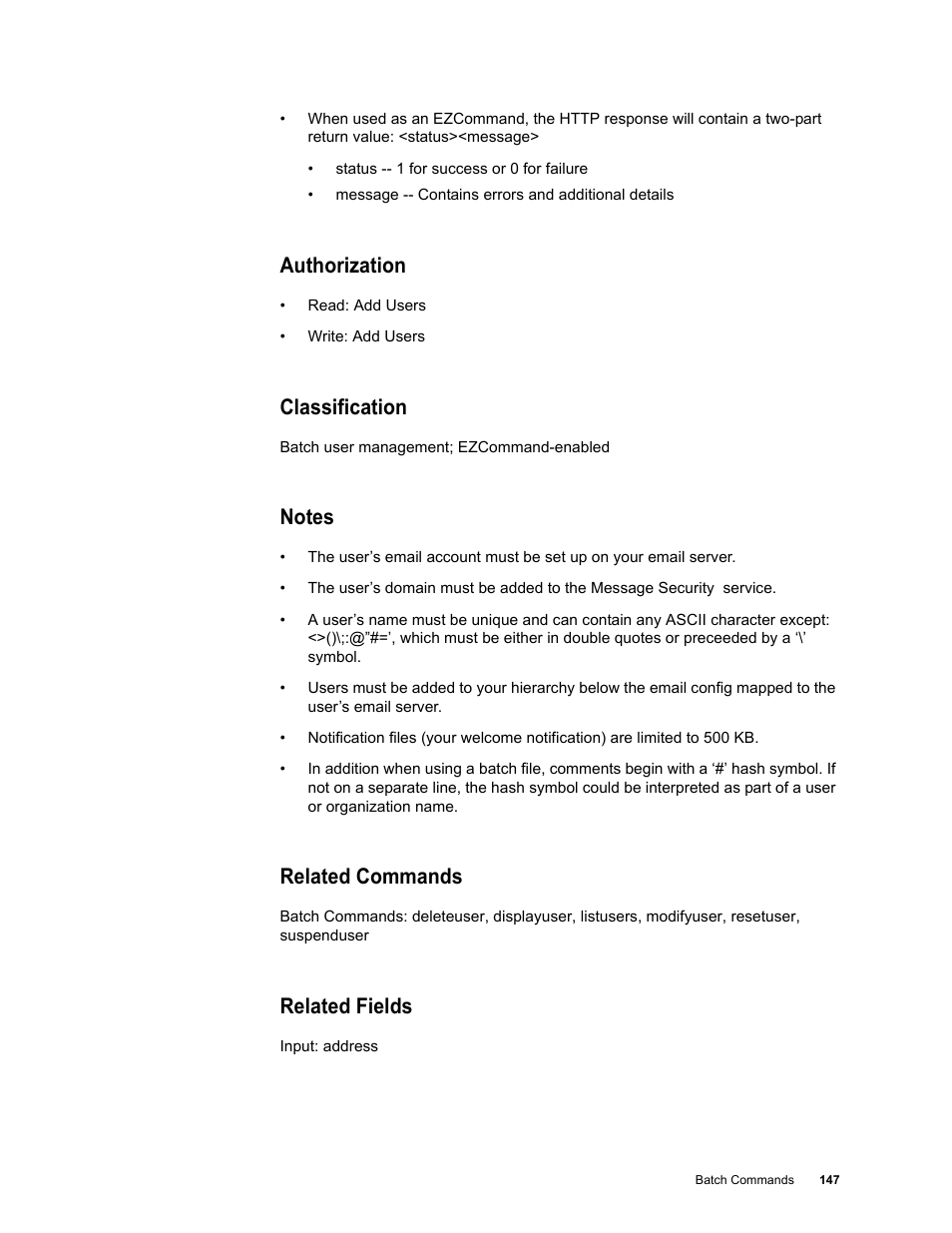 Authorization, Classification, Notes | Related commands, Related fields | Google Message Security Batch Reference Guide User Manual | Page 144 / 561