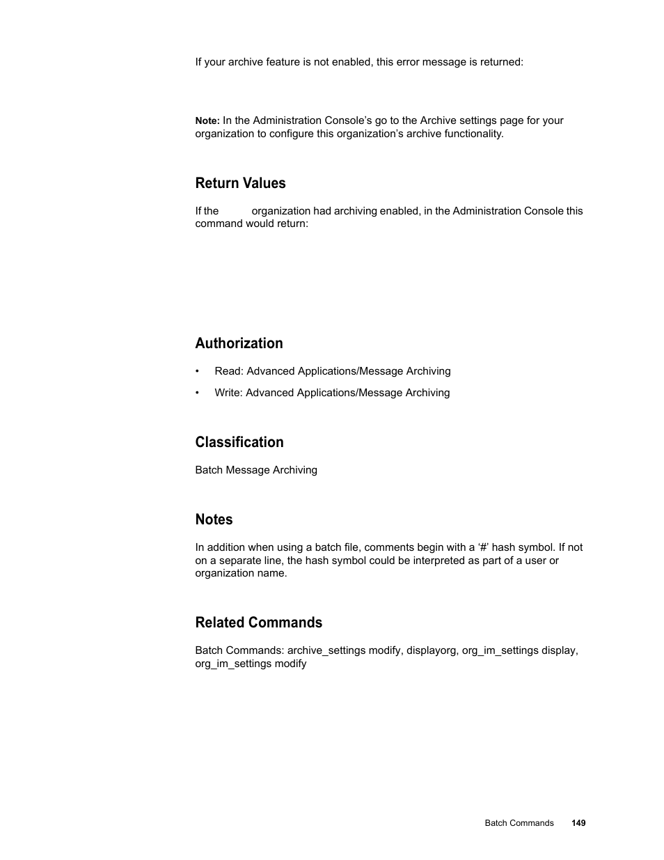 Return values, Authorization, Classification | Notes, Related commands | Google Message Security Batch Reference Guide User Manual | Page 146 / 561