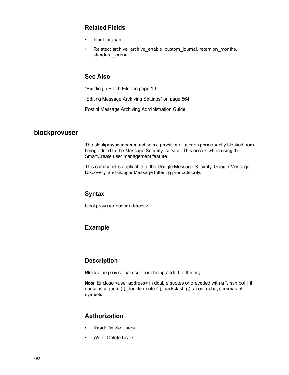 Related fields, See also, Blockprovuser | Syntax, Example, Description, Authorization | Google Message Security Batch Reference Guide User Manual | Page 149 / 561