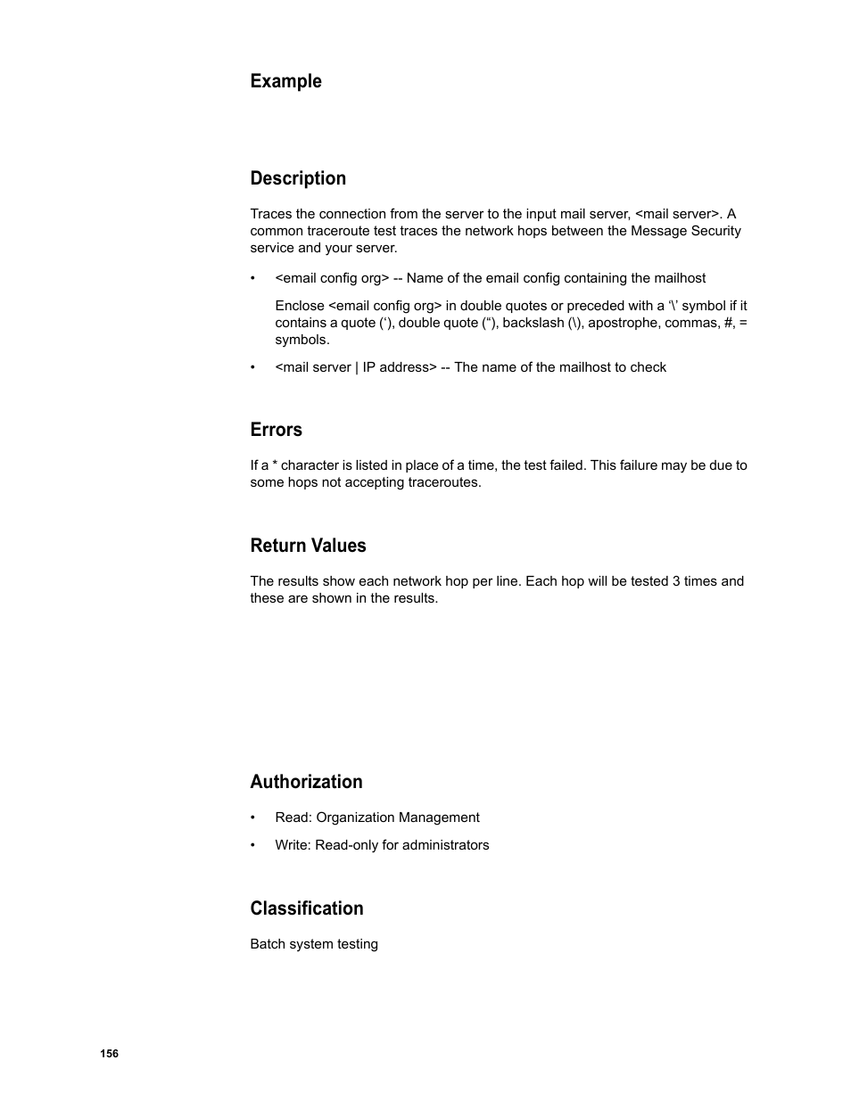 Example, Description, Errors | Return values, Authorization, Classification | Google Message Security Batch Reference Guide User Manual | Page 153 / 561