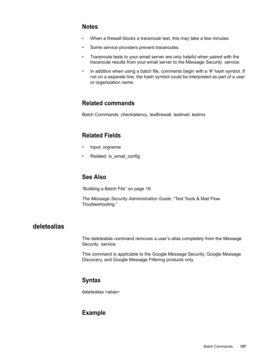Notes, Related commands, Related fields | See also, Deletealias, Syntax, Example | Google Message Security Batch Reference Guide User Manual | Page 154 / 561