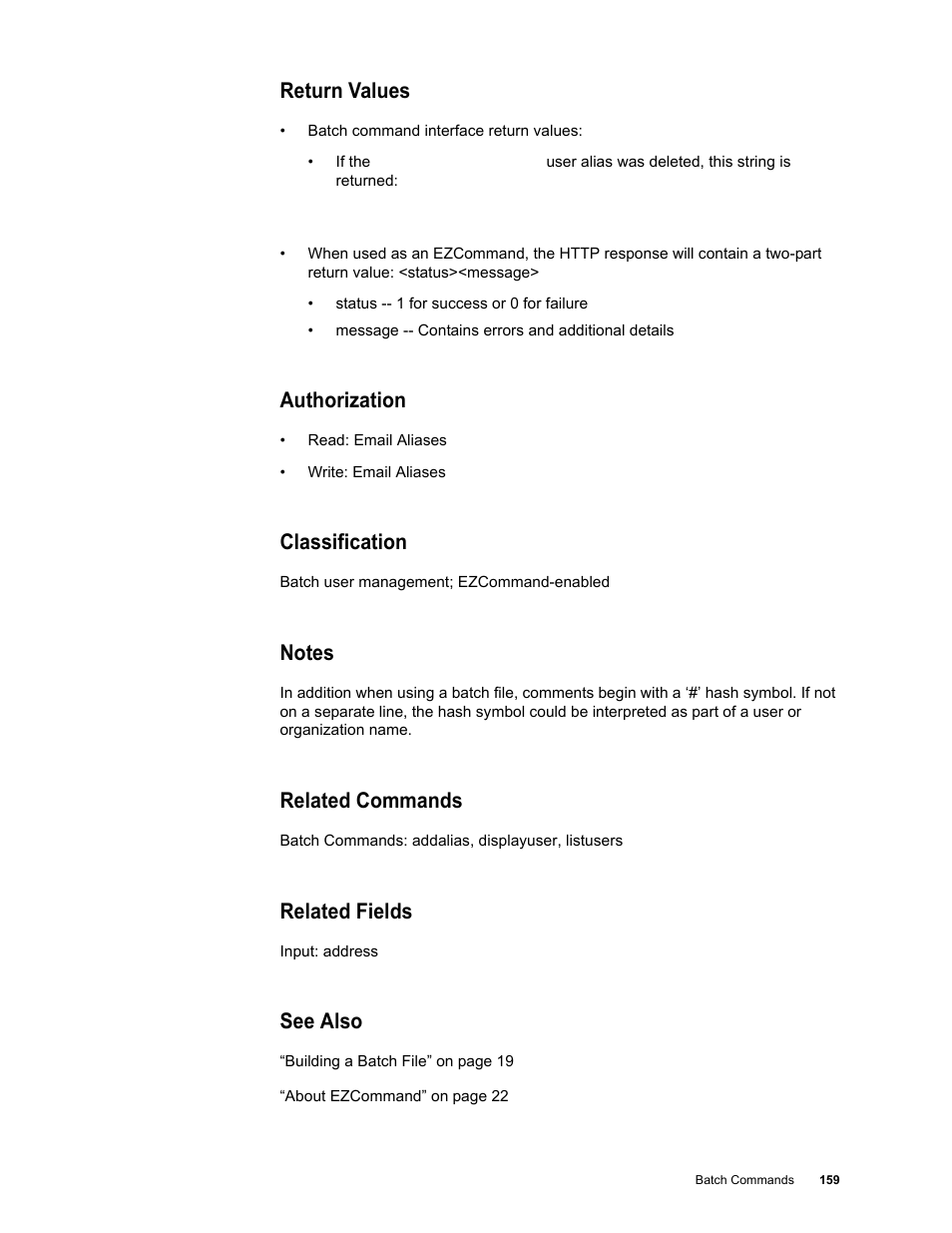 Return values, Authorization, Classification | Notes, Related commands, Related fields, See also | Google Message Security Batch Reference Guide User Manual | Page 156 / 561