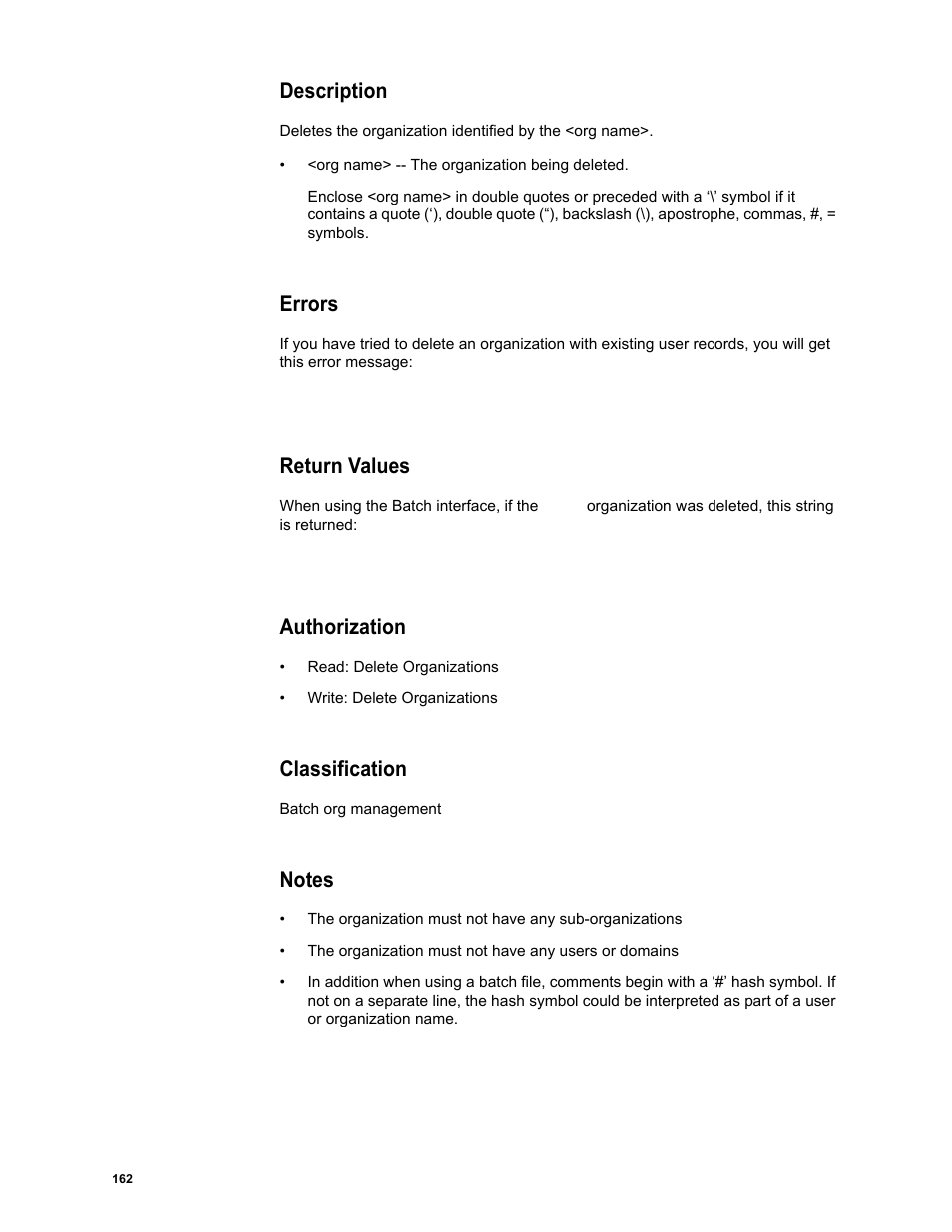 Description, Errors, Return values | Authorization, Classification, Notes | Google Message Security Batch Reference Guide User Manual | Page 159 / 561