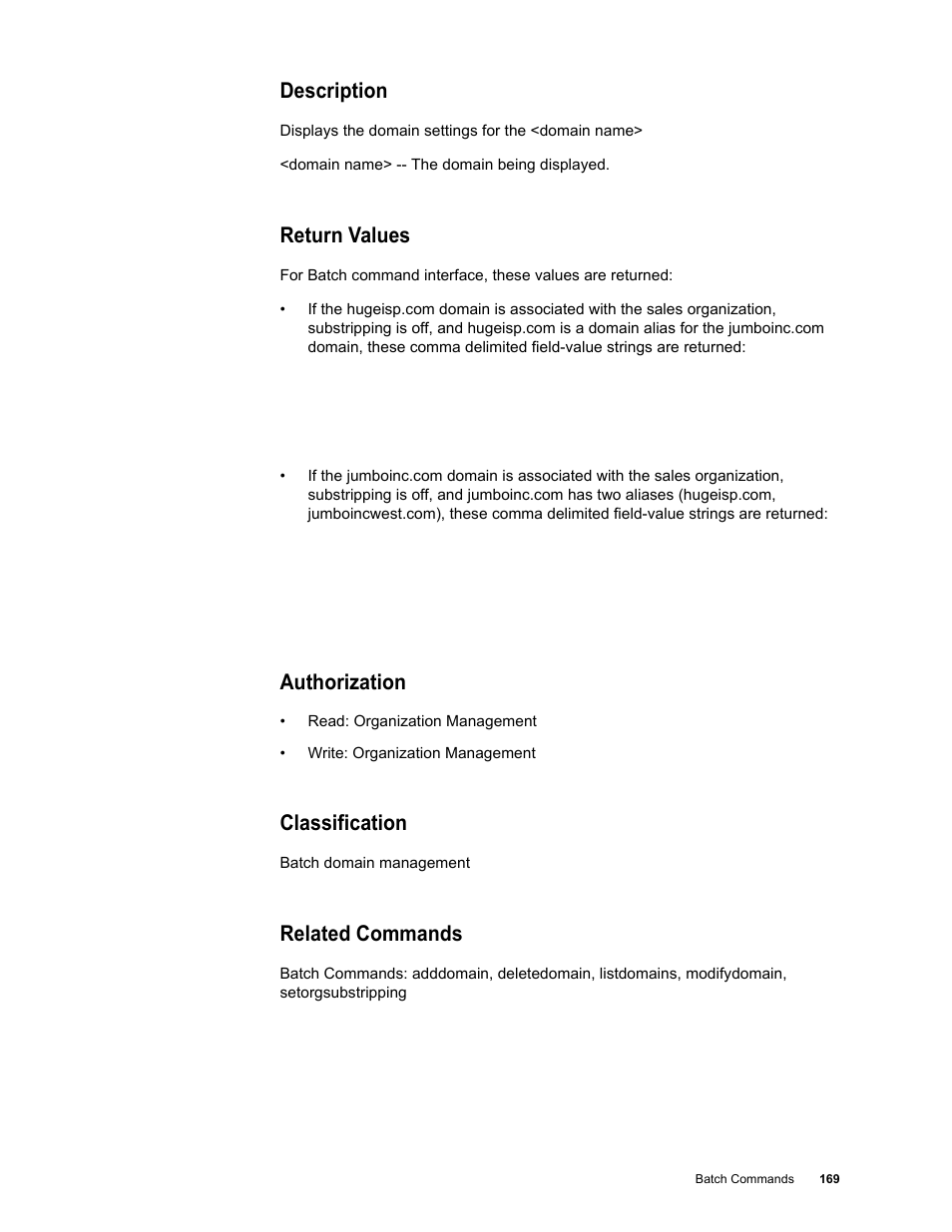 Description, Return values, Authorization | Classification, Related commands | Google Message Security Batch Reference Guide User Manual | Page 166 / 561