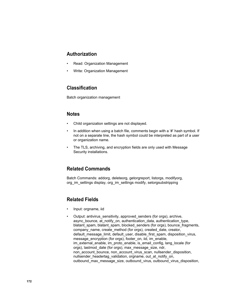 Authorization, Classification, Notes | Related commands, Related fields | Google Message Security Batch Reference Guide User Manual | Page 169 / 561