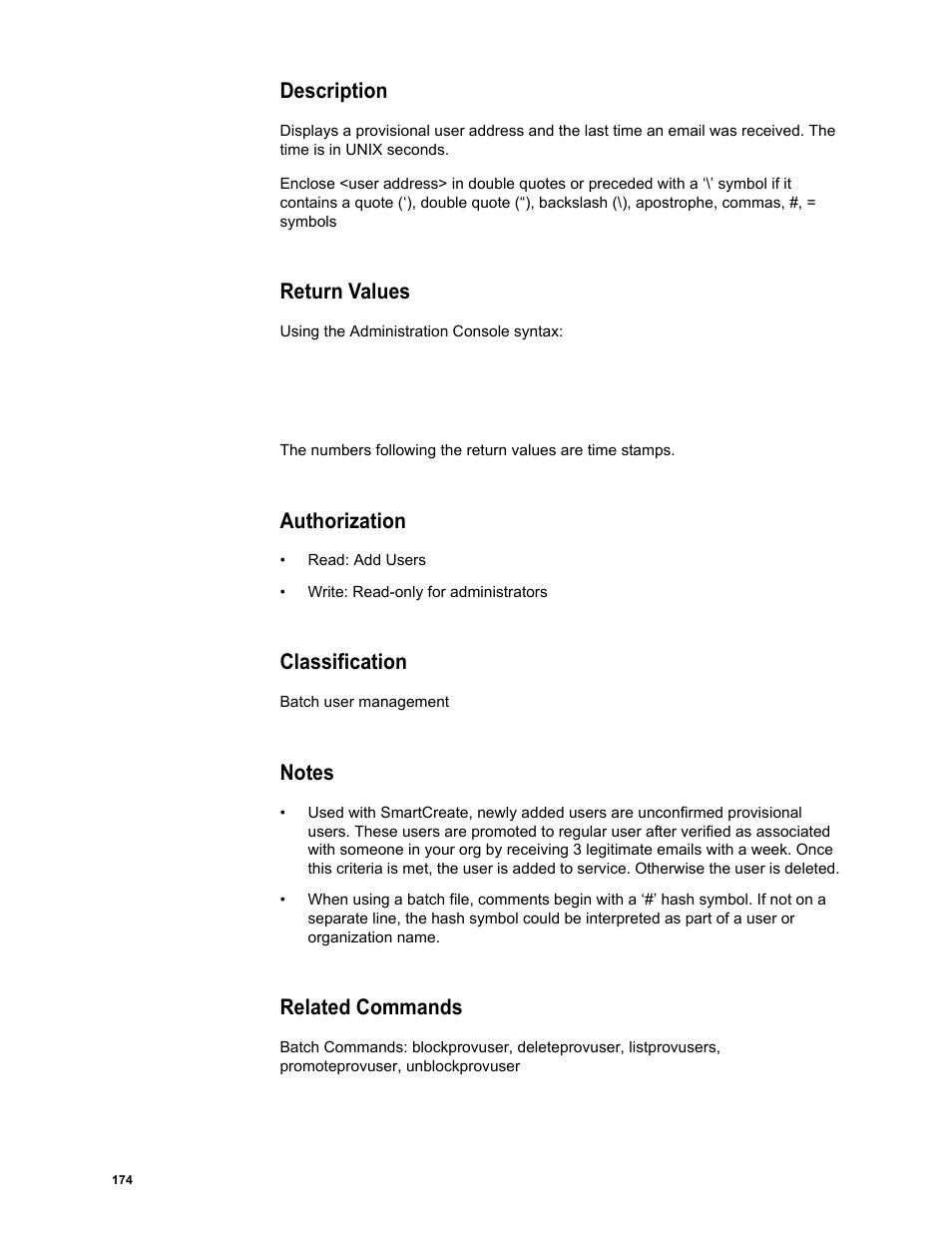 Description, Return values, Authorization | Classification, Notes, Related commands | Google Message Security Batch Reference Guide User Manual | Page 171 / 561