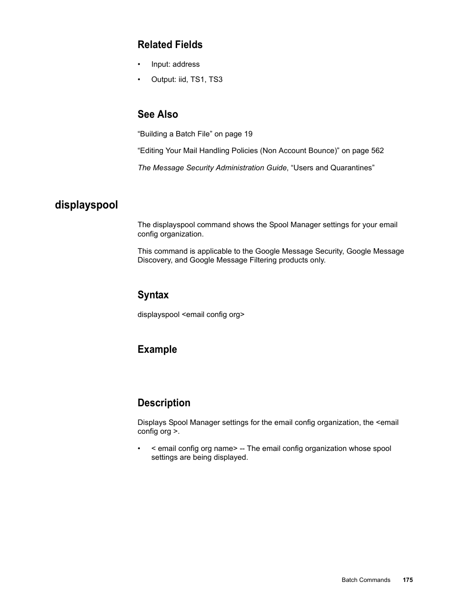 Related fields, See also, Displayspool | Syntax, Example, Description | Google Message Security Batch Reference Guide User Manual | Page 172 / 561