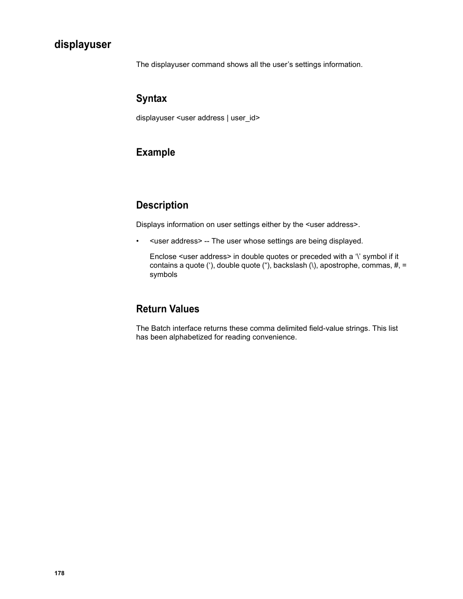 Displayuser, Syntax, Example | Description, Return values | Google Message Security Batch Reference Guide User Manual | Page 175 / 561
