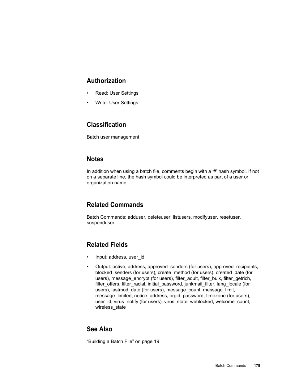 Authorization, Classification, Notes | Related commands, Related fields, See also | Google Message Security Batch Reference Guide User Manual | Page 176 / 561