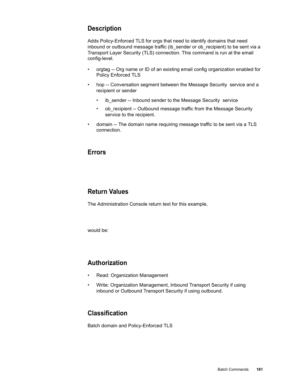 Description, Errors, Return values | Authorization, Classification | Google Message Security Batch Reference Guide User Manual | Page 178 / 561