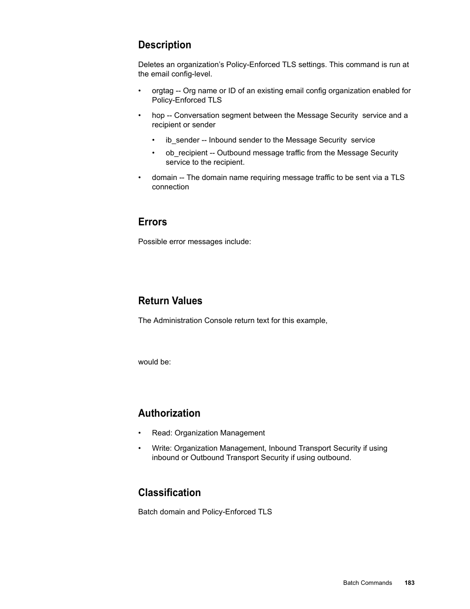 Description, Errors, Return values | Authorization, Classification | Google Message Security Batch Reference Guide User Manual | Page 180 / 561
