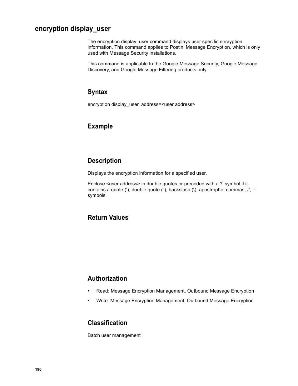 Encryption display_user, Syntax, Example | Description, Return values, Authorization, Classification | Google Message Security Batch Reference Guide User Manual | Page 187 / 561