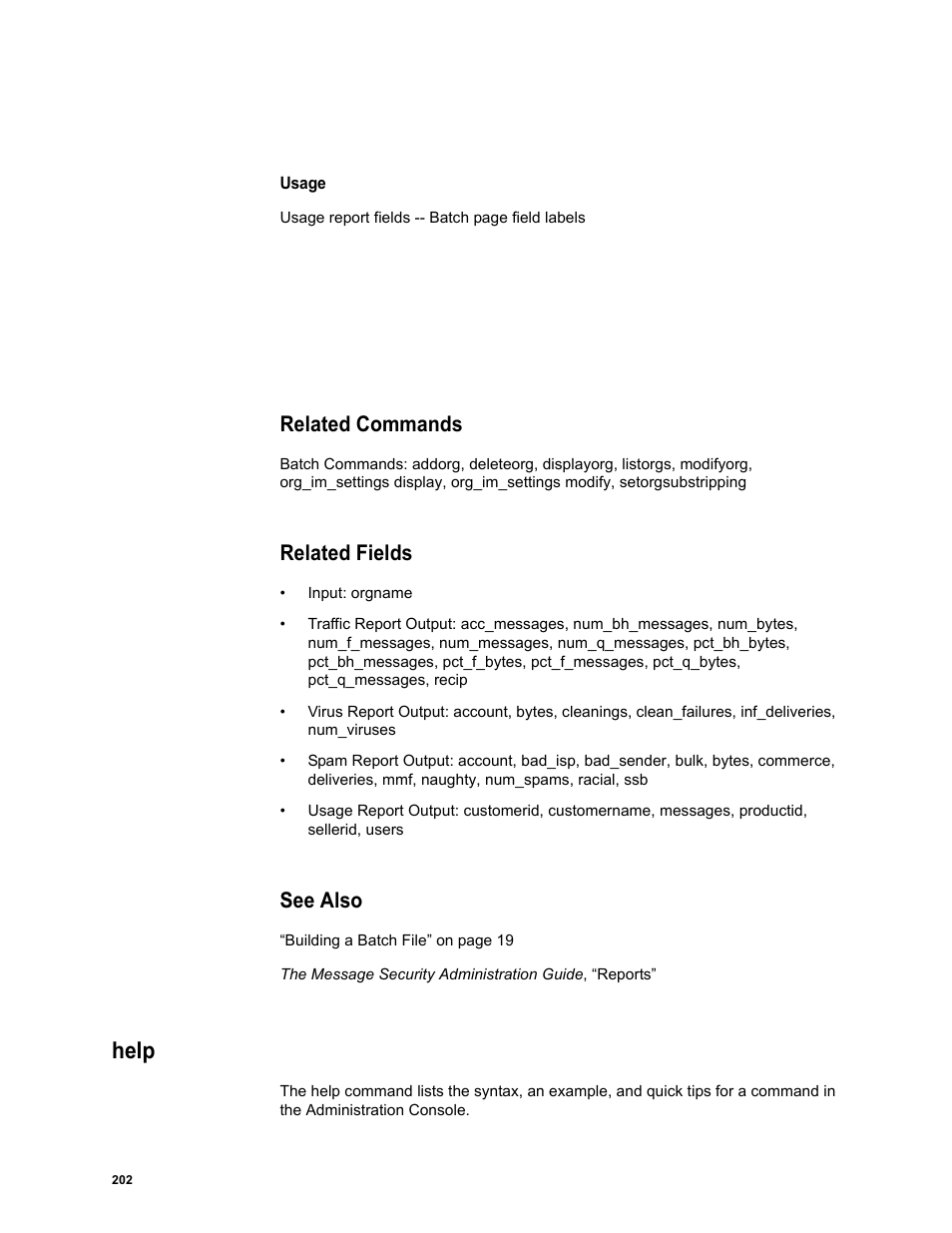 Related commands, Related fields, See also | Help | Google Message Security Batch Reference Guide User Manual | Page 199 / 561