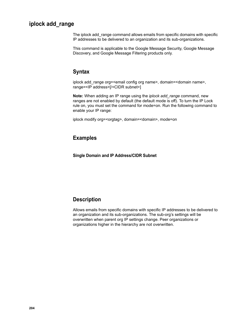 Iplock add_range, Syntax, Examples | Description | Google Message Security Batch Reference Guide User Manual | Page 201 / 561