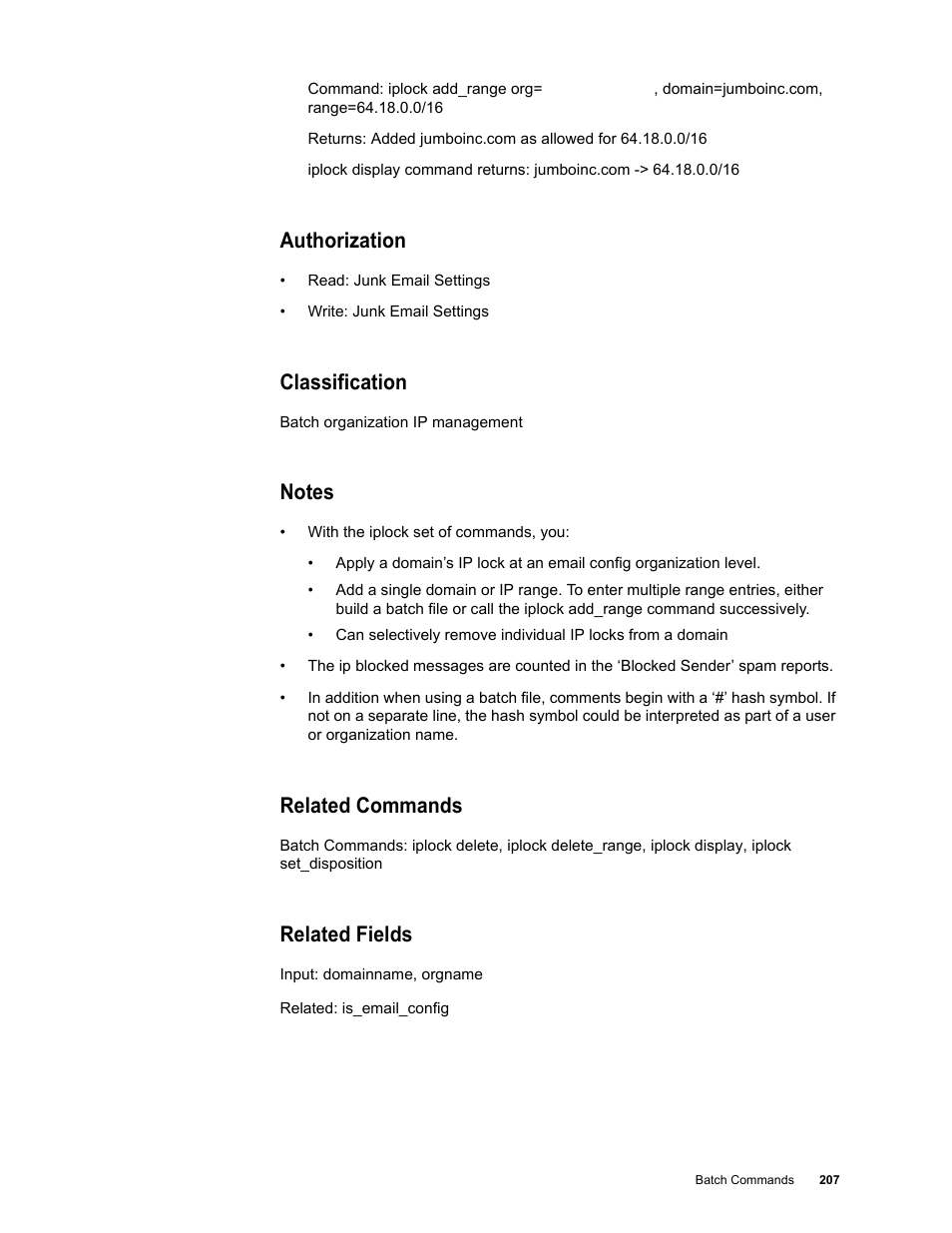 Authorization, Classification, Notes | Related commands, Related fields | Google Message Security Batch Reference Guide User Manual | Page 204 / 561