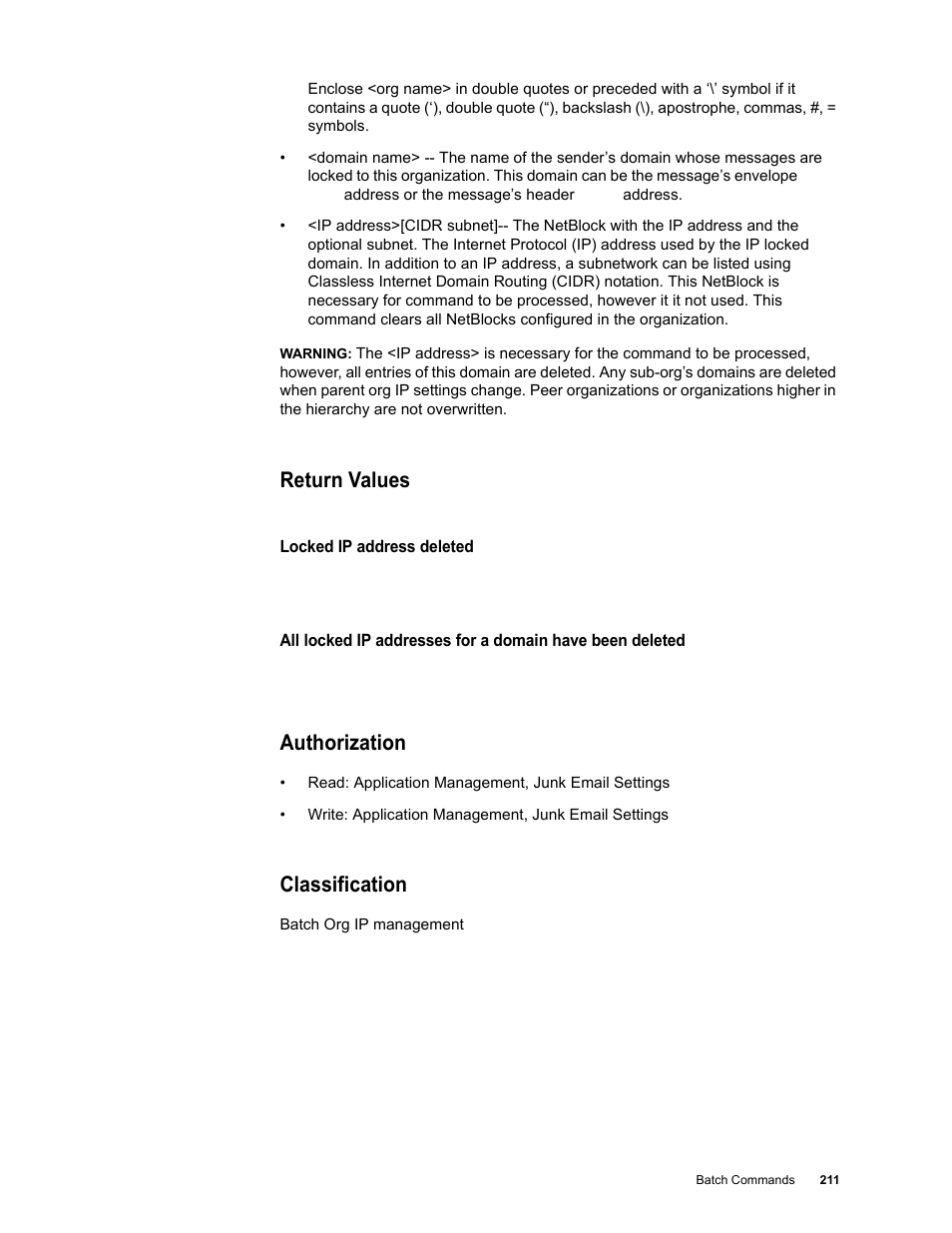 Return values, Authorization, Classification | Google Message Security Batch Reference Guide User Manual | Page 208 / 561
