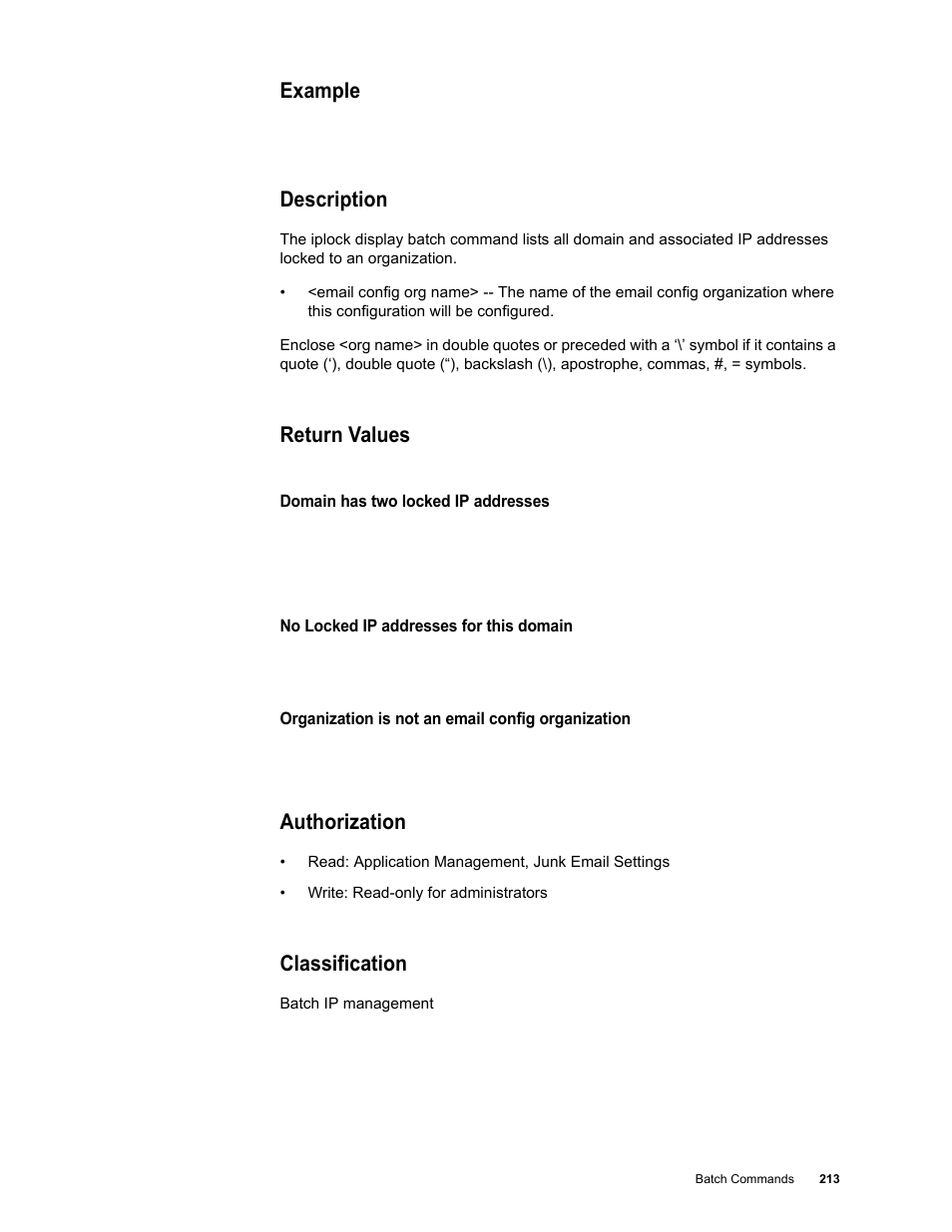 Example, Description, Return values | Authorization, Classification | Google Message Security Batch Reference Guide User Manual | Page 210 / 561