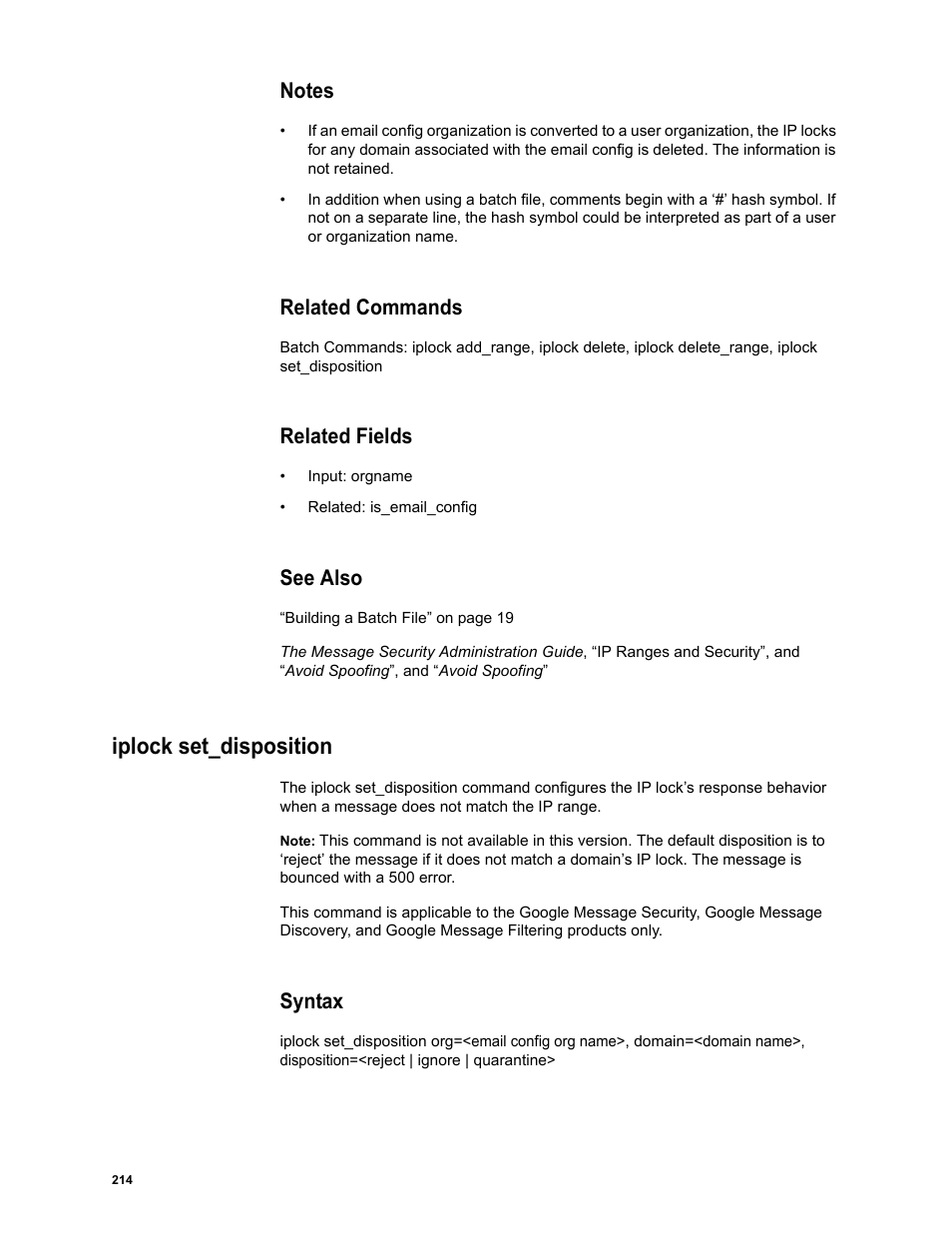Notes, Related commands, Related fields | See also, Iplock set_disposition, Syntax | Google Message Security Batch Reference Guide User Manual | Page 211 / 561