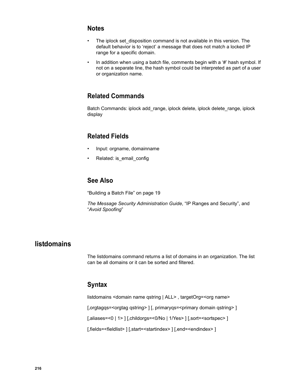 Notes, Related commands, Related fields | See also, Listdomains, Syntax | Google Message Security Batch Reference Guide User Manual | Page 213 / 561