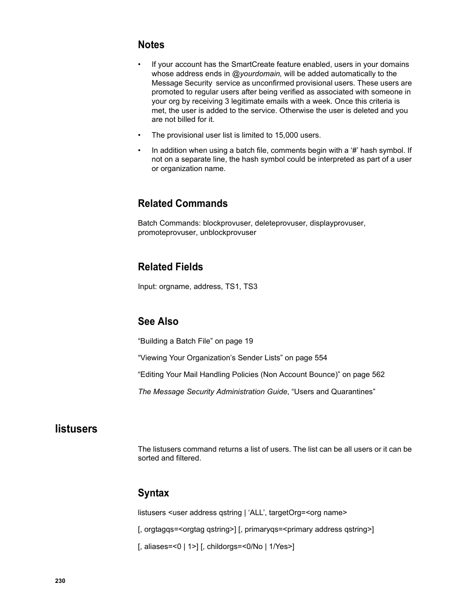 Notes, Related commands, Related fields | See also, Listusers, Syntax | Google Message Security Batch Reference Guide User Manual | Page 227 / 561