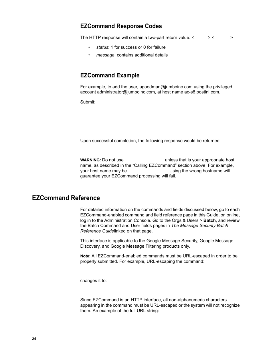 Ezcommand response codes, Ezcommand example, Ezcommand reference | Ezcommand response codes ezcommand example | Google Message Security Batch Reference Guide User Manual | Page 23 / 561