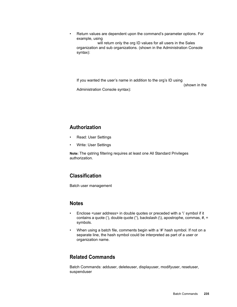 Authorization, Classification, Notes | Related commands | Google Message Security Batch Reference Guide User Manual | Page 232 / 561