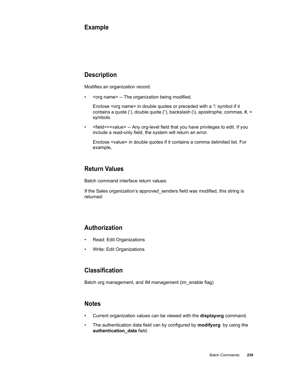 Example, Description, Return values | Authorization, Classification, Notes | Google Message Security Batch Reference Guide User Manual | Page 236 / 561