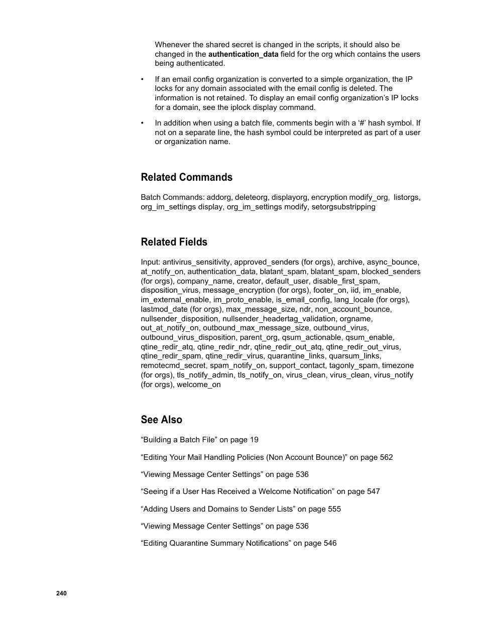 Related commands, Related fields, See also | Google Message Security Batch Reference Guide User Manual | Page 237 / 561