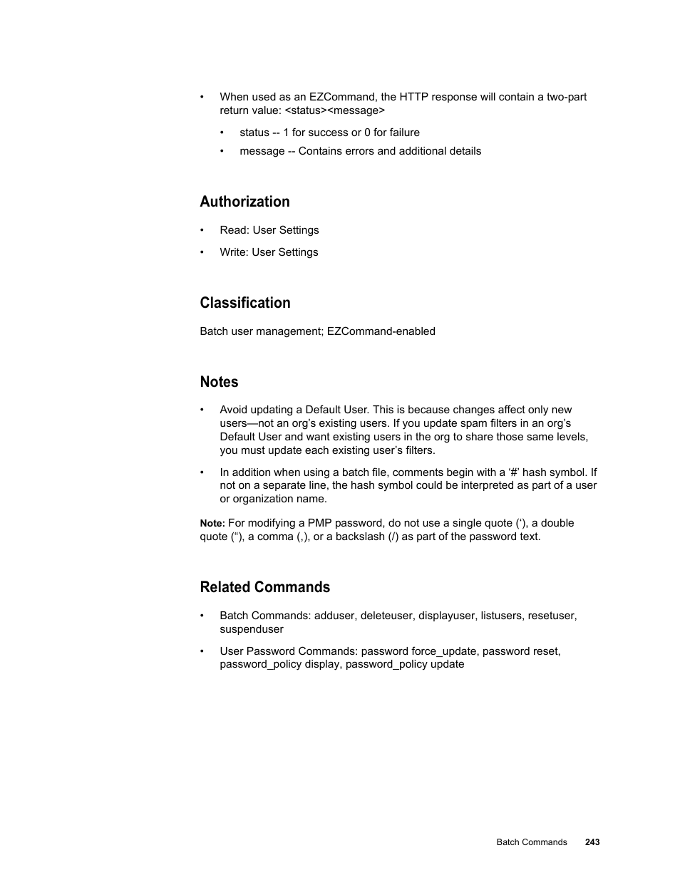 Authorization, Classification, Notes | Related commands | Google Message Security Batch Reference Guide User Manual | Page 240 / 561