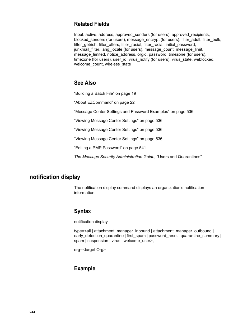 Related fields, See also, Notification display | Syntax, Example | Google Message Security Batch Reference Guide User Manual | Page 241 / 561