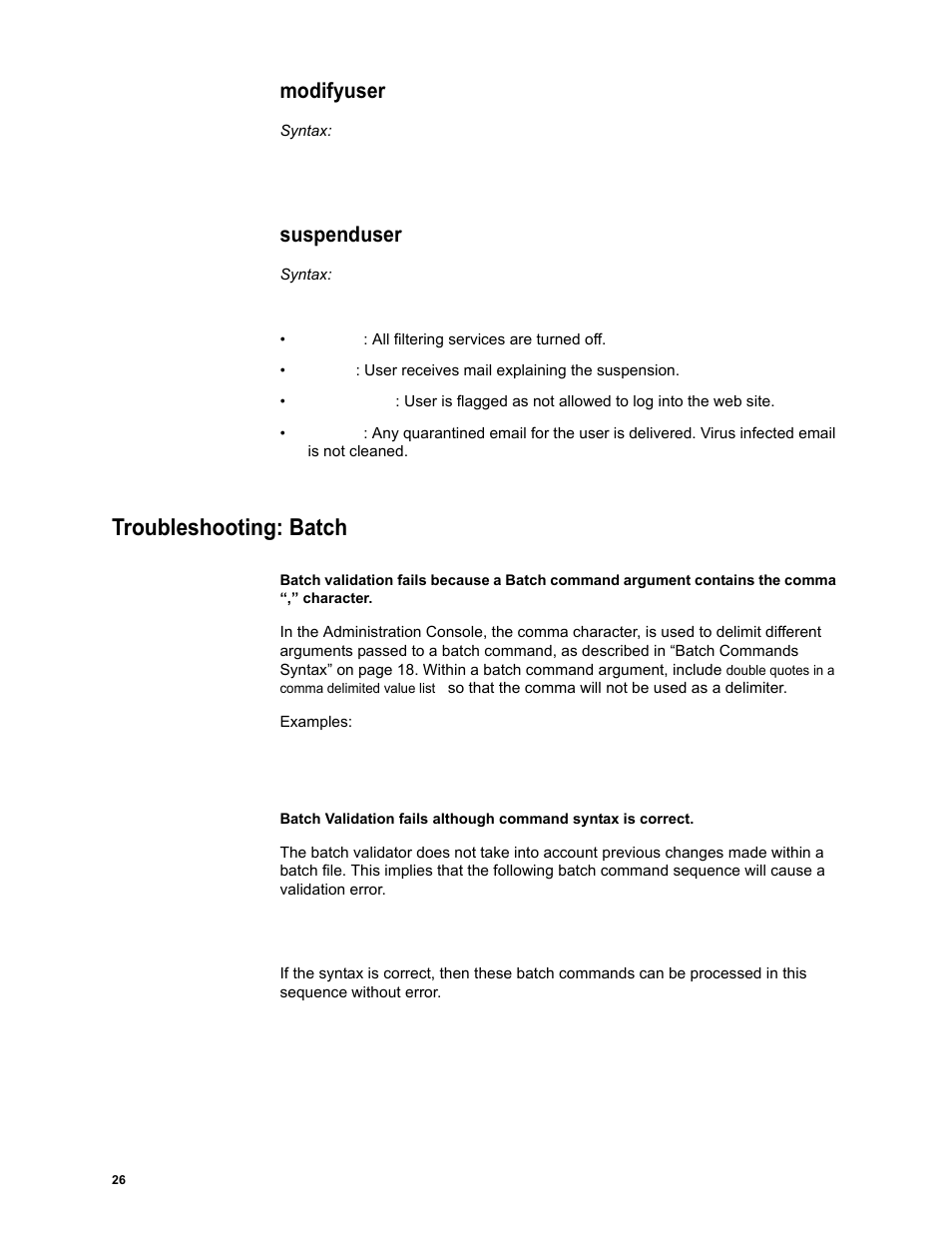 Modifyuser, Suspenduser, Troubleshooting: batch | Google Message Security Batch Reference Guide User Manual | Page 25 / 561