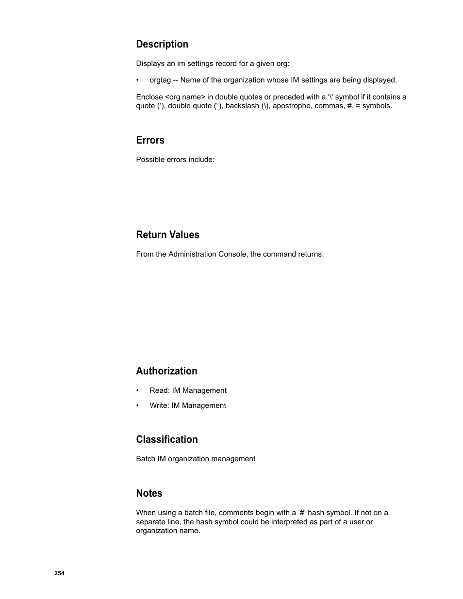 Description, Errors, Return values | Authorization, Classification, Notes | Google Message Security Batch Reference Guide User Manual | Page 251 / 561