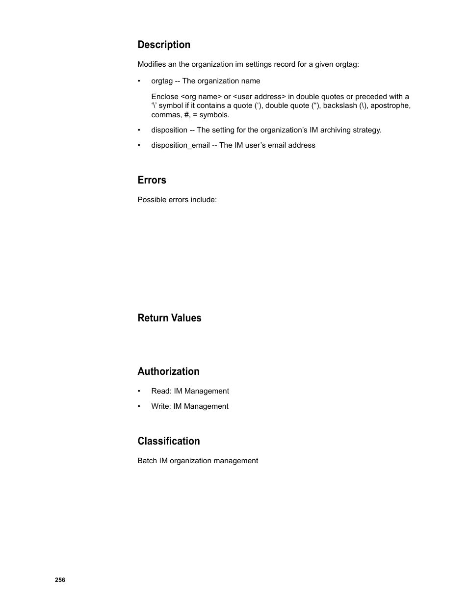 Description, Errors, Return values | Authorization, Classification | Google Message Security Batch Reference Guide User Manual | Page 253 / 561